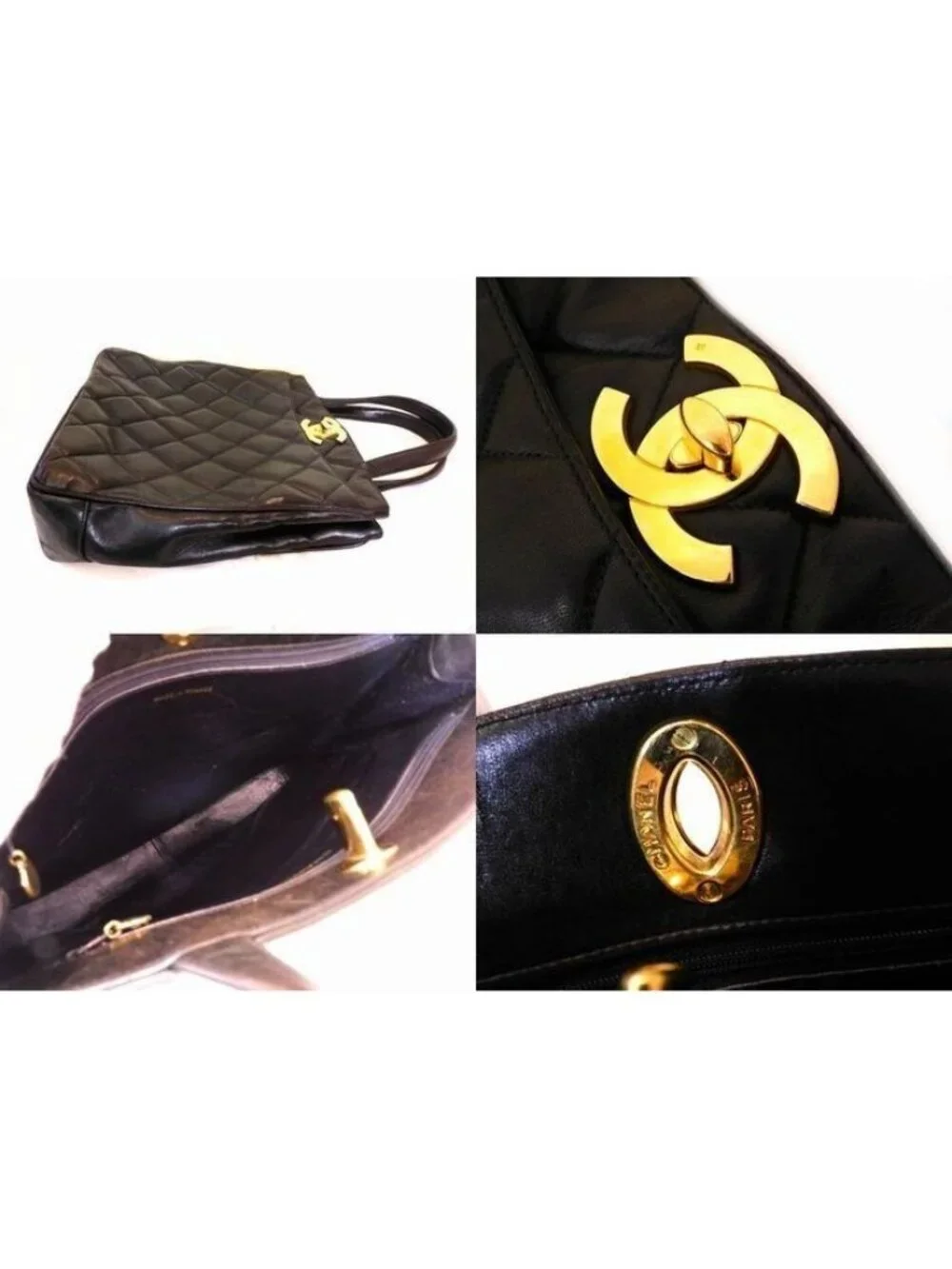 Chanel Handbag Quilted Lambskin Big CC Logo Gold Black